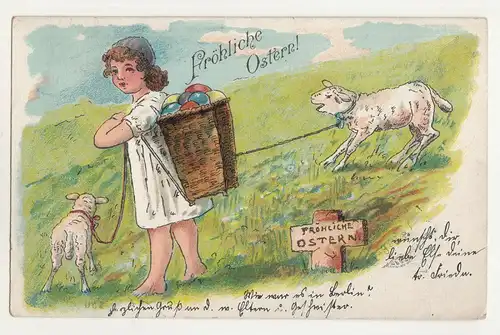 Ak fröhliche Ostern Kind Lämmer Osterlamm Ostereier 1904 !