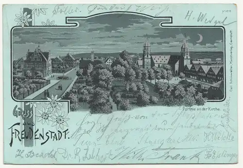 Mondschein Litho Ak Gruss aus Freudenstadt Parthie an der Kirche um 1900 (A3385