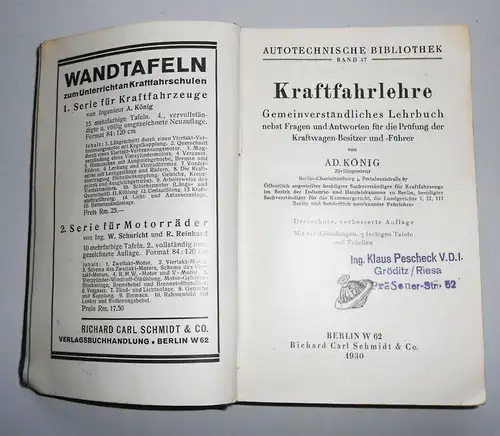 Autotechnische Bibliothek 47 König - Kraftfahrlehre ( Chauffeurkursus ) 1930 (2