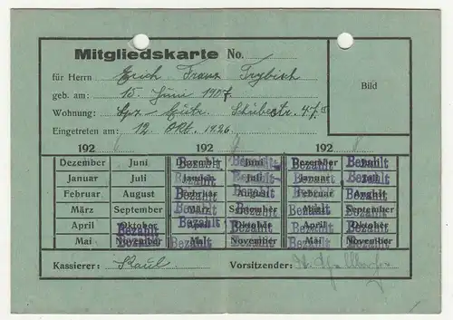 Mitgliedskarte Leipziger Rennfahrer Verband 1926/1928 Leipzig ! (A3366