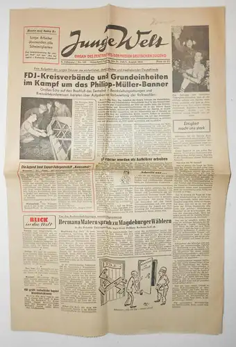 DDR Zeitung JUNGE WELT Nr. 183 / 1954 FDJ Philipp - Müller - Banner !