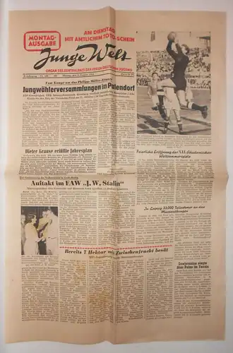 DDR Zeitung JUNGE WELT Nr. 184 / 1954 FDJ Patendorf Weltsommerspiele