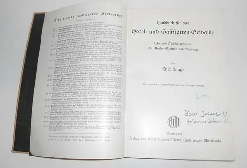 Curt Lange Handbuch für das Hotel - und Gaststätten - Gewerbe 1936 !