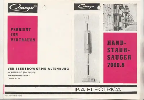 Faltblatt Omega Handstaubsauger 7000.8 IKA Elektrica DDR (P1