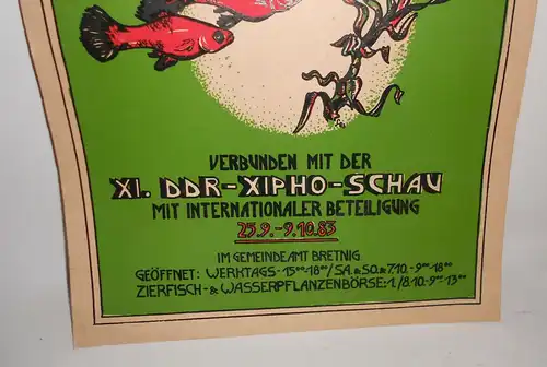 Plakat 1983 Aquarienschau Fachgruppe Exotica Bretnig DDR Xipho - Schau Fische 
