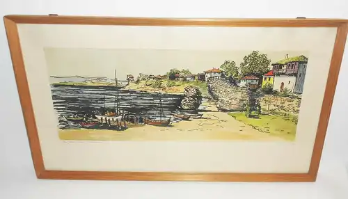 Original Lithografie Nessebar Bulgarien Hafen signiert um 1960/70 Retro Vintage