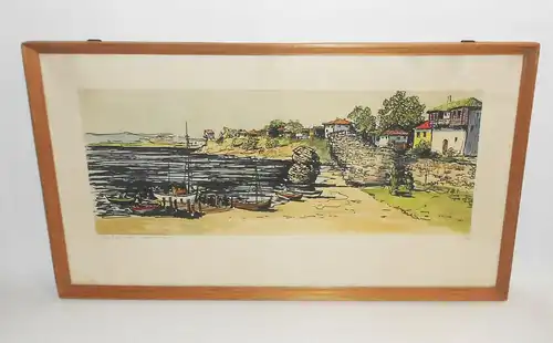 Original Lithografie Nessebar Bulgarien Hafen signiert um 1960/70 Retro Vintage