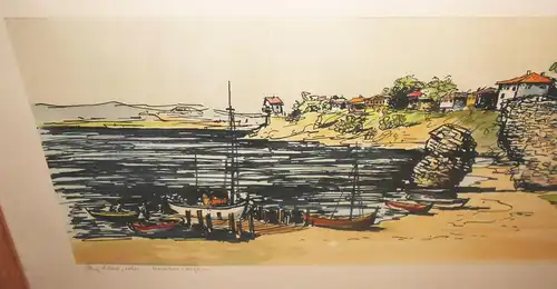 Original Lithografie Nessebar Bulgarien Hafen signiert um 1960/70 Retro Vintage