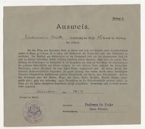 Schüler Ausweis Dokument Gymnasium Hann Münden Gold Sammlung 1916 Zeitzeugnis !