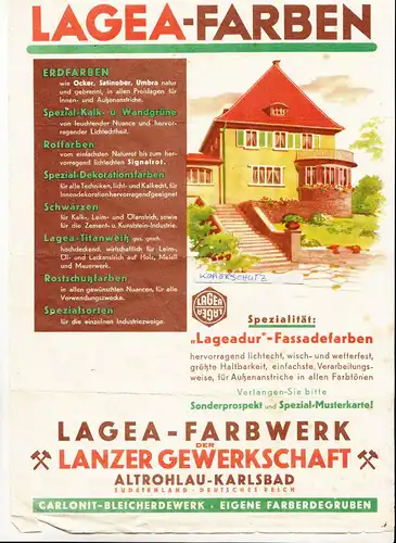 Werbe Blatt Lagea Farbwerk der Lanzer Gewerkschaft Altrohlau - Karlsbad ! (D8