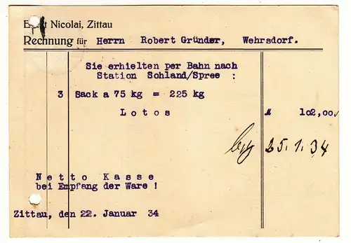 Werbe Postkarte Ernst Nicolai Mühlenfabrikate Margarine Zittau 1934 (A3071