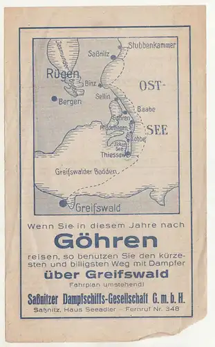 Werbeblatt Saßnitzer Dampfschiff-Gesellschaft GmbH Greifswald Rügen 1936 (D7