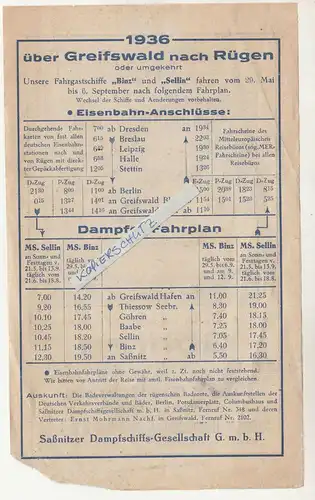 Werbeblatt Saßnitzer Dampfschiff-Gesellschaft GmbH Greifswald Rügen 1936 (D7