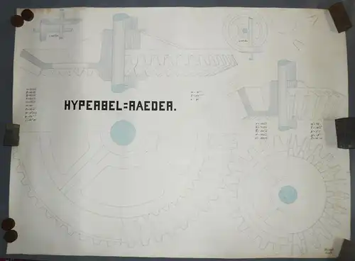 Technische Handzeichnung Hypeabel Räder Zahnrad Ingenieur Zeichnung um 1880 ! 
