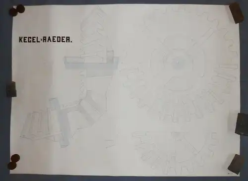 Technische Handzeichnung Kegelräder Zahnrad Ingenieur Zeichnung um 1880 ! 