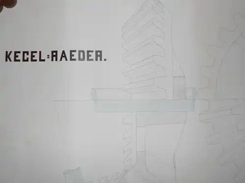 Technische Handzeichnung Kegelräder Zahnrad Ingenieur Zeichnung um 1880 ! 