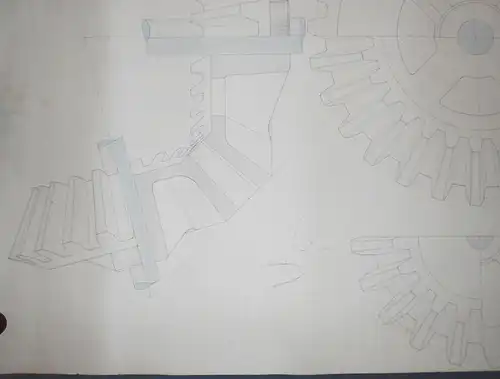Technische Handzeichnung Kegelräder Zahnrad Ingenieur Zeichnung um 1880 ! 