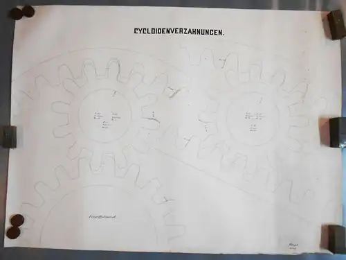 Technische Handzeichnung Cycloidenverzahnung Ingenieur Zeichnung um 1880 !
