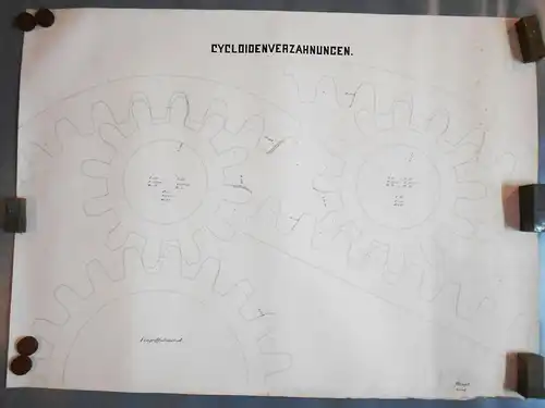 Technische Handzeichnung Cycloidenverzahnung Ingenieur Zeichnung um 1880 ! 
