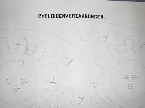 Technische Handzeichnung Cycloidenverzahnung Ingenieur Zeichnung um 1880 !