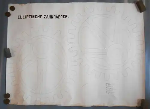Technische Handzeichnung elliptische Zahnräder Ingenieur Zeichnung um 1880 !