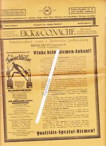 Werbe Prospekt Eick u Co Nachf Breslau 1927 Treibriemen Fabrik   D7