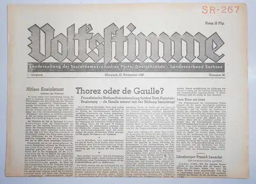 Zeitung Oktober 1945 Volksstimme Landeszeitung der SPD Sachsen Nr. 60