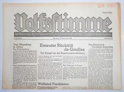 Zeitung Oktober 1945 Volksstimme  SPD Nr 58 Rücktritt de Gaulles