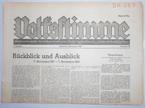 Zeitung Oktober 1945 Volksstimme Landeszeitung der SPD Sachsen Nr. 48