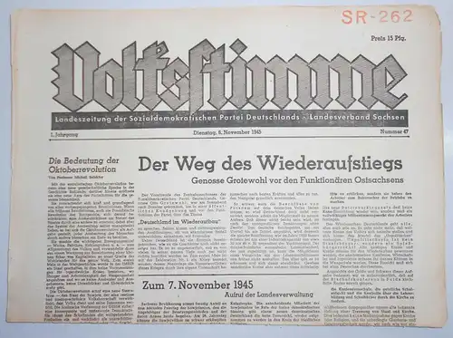 Zeitung Oktober 1945 Volksstimme Landeszeitung der SPD Sachsen Nr. 47