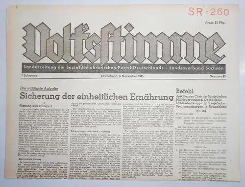 Zeitung Oktober 1945 Volksstimme Landeszeitung der SPD Sachsen Nr. 45