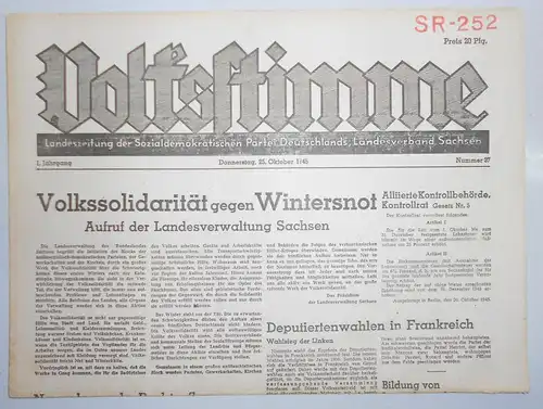 Zeitung Oktober 1945 Volksstimme Landeszeitung der SPD Sachsen Nr. 37