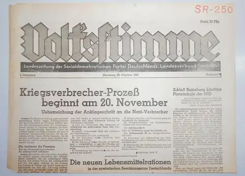 Zeitung Oktober 1945 Volksstimme Landeszeitung der SPD Sachsen Nr. 35