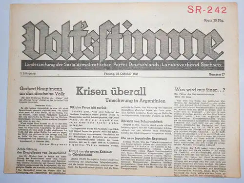 Zeitung Oktober 1945 Volksstimme Landeszeitung der SPD Sachsen Nr. 27