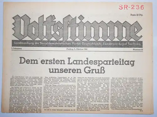 Zeitung Oktober 1945 Volksstimme Landeszeitung der SPD Sachsen Nr. 21
