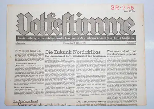 Zeitung Oktober 1945 Volksstimme Landeszeitung der SPD Sachsen Nr. 20