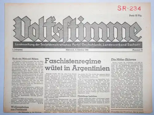Zeitung Oktober 1945 Volksstimme Landeszeitung der SPD Sachsen Nr. 19