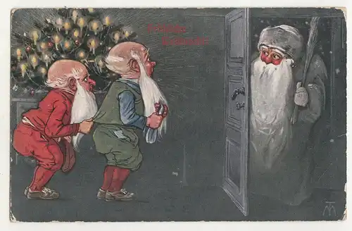 Künstler Ak Zwerge mit Christbaum & Weihnachtsmann TM signiert um 1910 (A2961