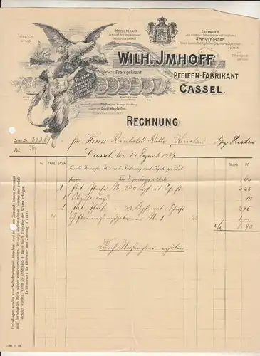 Litho Rechnung Wilh. Imhoff Pfeiffen Fabrikant Cassel 1909 ! (D7