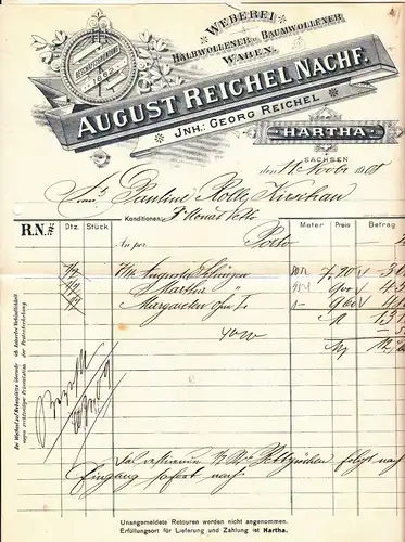 Litho Rechnung August Reichel Nachf. Weberei Hartha in Sachsen 1908 ! (D7