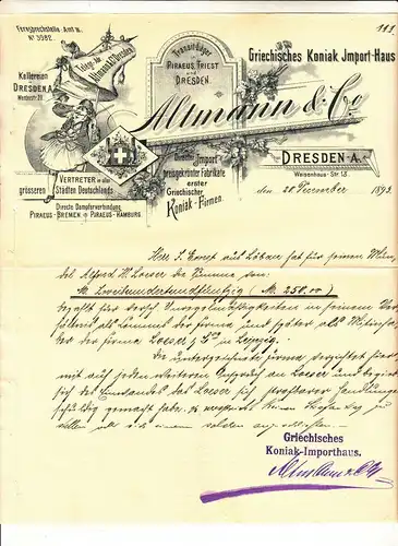 Litho Rechnung Altmann & Co Dresden griechisches Koniak Import Haus 1893 (D7