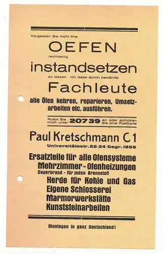 Werbe Prospekt Mehrzimmerheizung Ofen Paul Kretschmann Leipzig um 1935  (D7