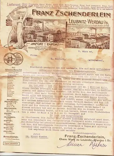 Litho Briefkopf + Beilage Franz Schwenderlein Leubnitz Werdau Treibriemen 1908 !