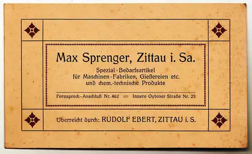 Visitenkarte Max Sprenger Zittau Spezial Bedarfsartikel um 1910 Reklame ! (D7