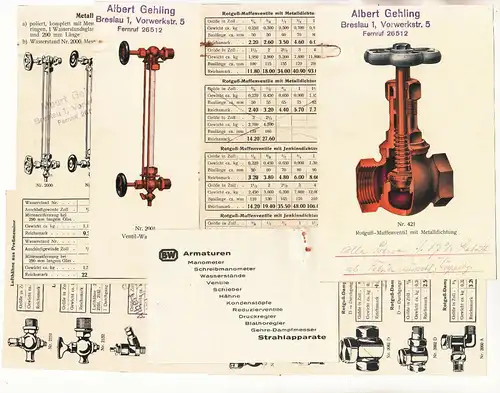 Reklame Papier Albert Gehling Breslau um 1930 Armaturen Ventile Schlesien (D7