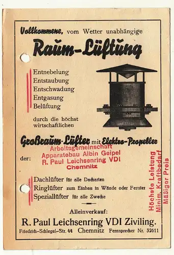 Werbe Postkarte Leichsenring BDI Zivilingenieur Chemnitz Lüfter 1934er  (A2897