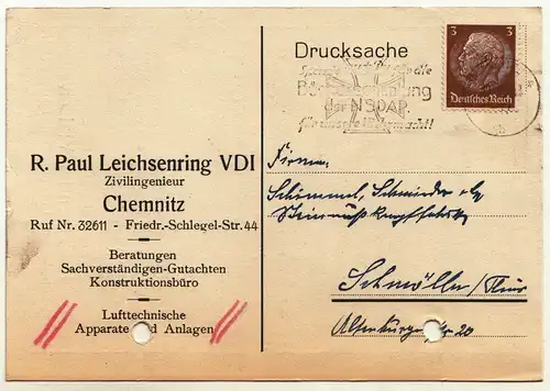Werbe Postkarte Leichsenring BDI Zivilingenieur Chemnitz Lüfter 1934er  (A2897