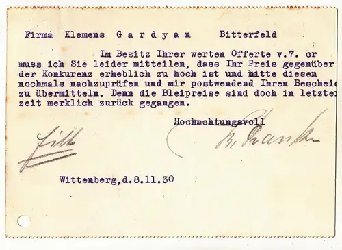 Werbe Postkarte Karl Franke Bottich - Fabrik Wittenberg 1930  (A2896