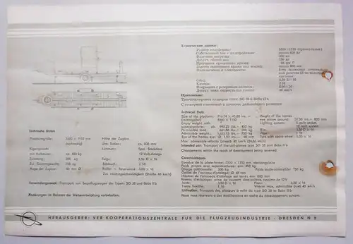 Orig. Blatt Segelflugzeug Transportwagen SFTW I  Dresden 1958er DDR Interflug