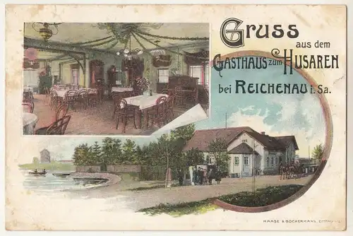 Litho Ak Gruss aus dem Gasthaus zum Husaren bei Reichenau Sachsen 1907 (A2795